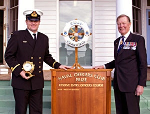 Then Club president RADM David Holthouse assisted with the presentation of the Naval Officers Club prize to the inaugural winner, SBLT Mark Shannon at a passing out parade reviewed by the Chief of Navy, VADM Russ Shalders.